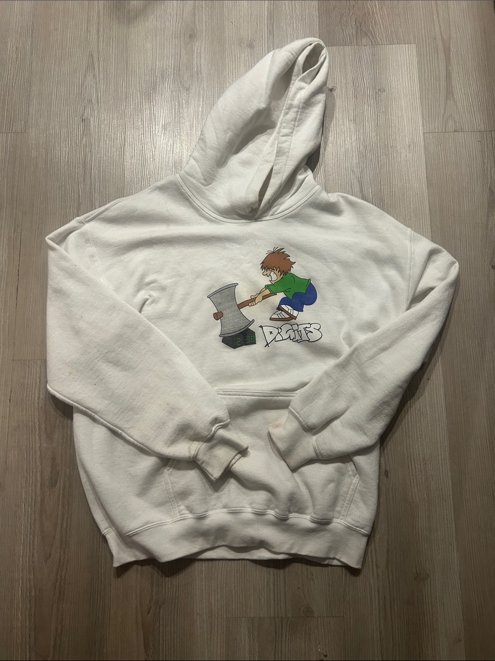 White Graphic Crewneck Hoodie with Cartoon Print